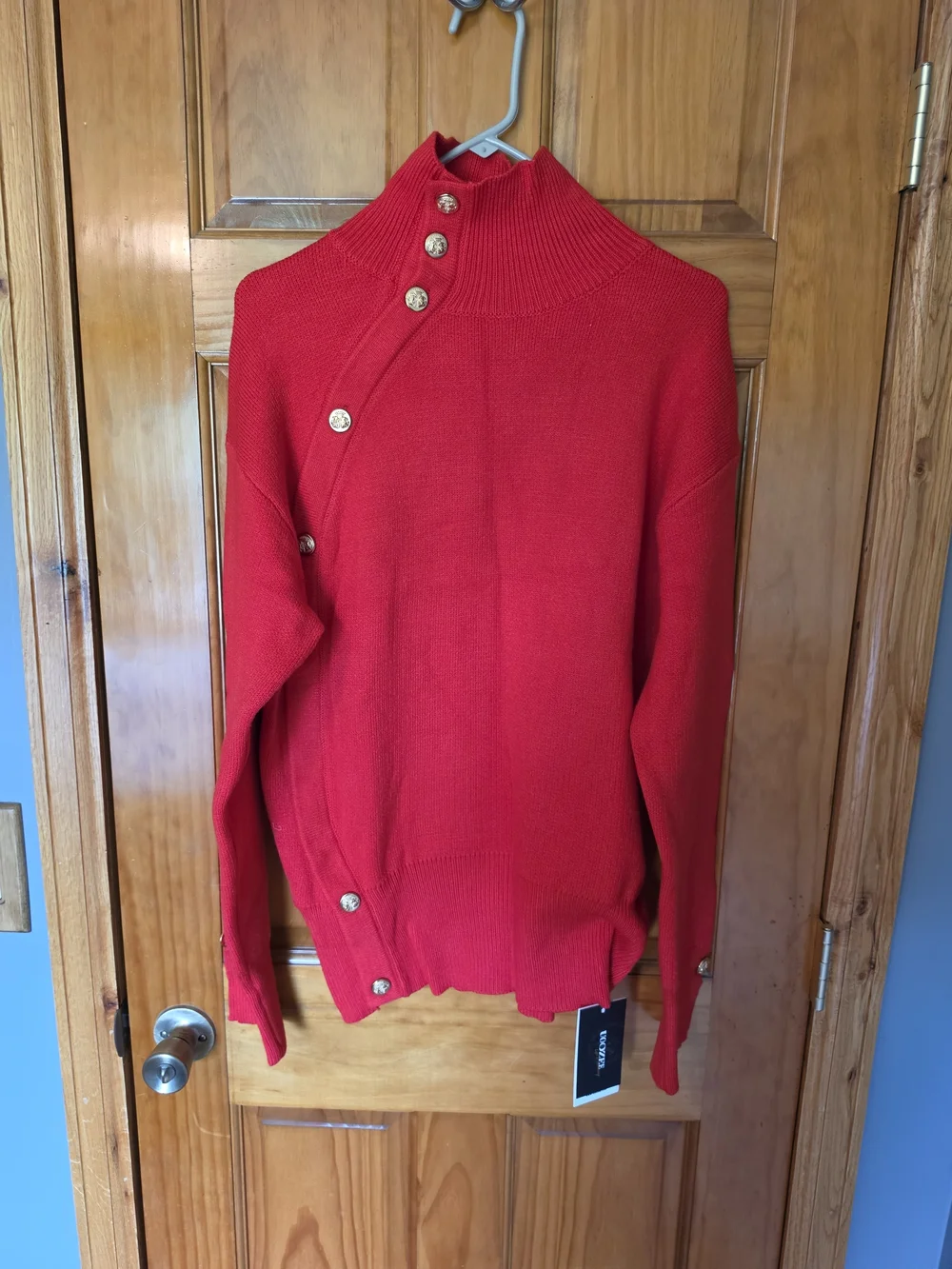 Red Ribbed Turtleneck Sweater with Button Detail